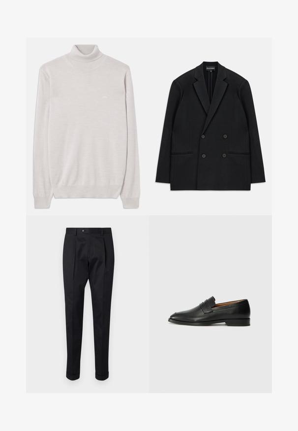 Schwarzer, doppelt geknöpfter Blazer mit geflammten Revers, vier Knöpfen und zwei vorderen Paspeltaschen, flach auf einem weißen Hintergrund ausgelegt.; Helles beige Rollkragensweater mit langen Ärmeln sowie rippenbesetzten Bündchen und Saum, aus feinem Strickstoff gefertigt.; Schwarze Hosen aus einem glatten Stoff, mit einem Faltenwurf vorne, einem Knopfverschluss und umgeschlagenen Säumen am Knöchel.; Schwarze Leder-Slipper mit runder Zehenform, dezenten gestickten Details und niedrigem Absatz, ausgestattet mit glatter Textur und minimalistischem Design.