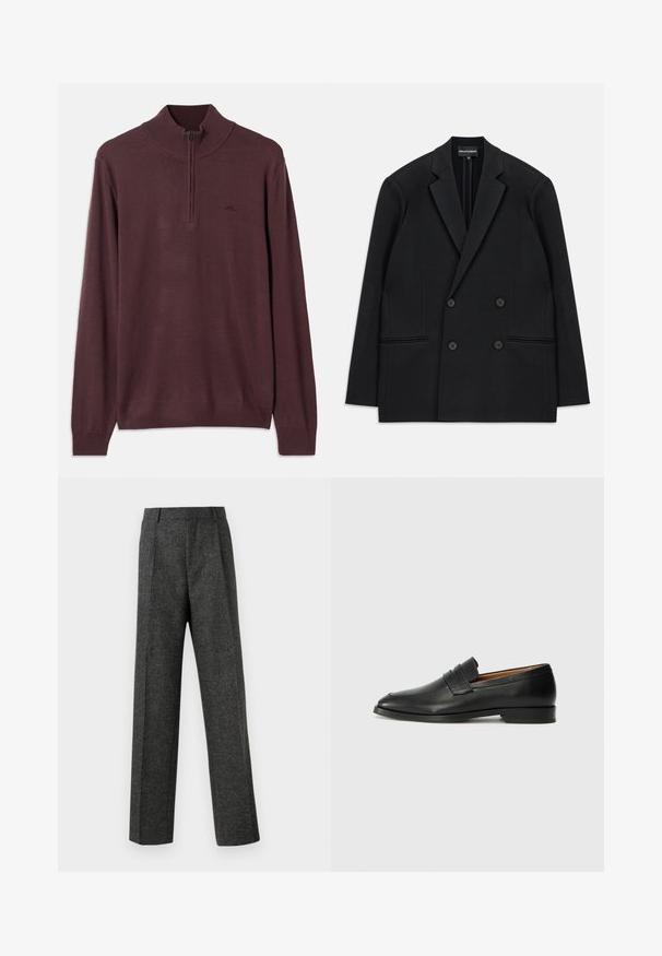 Melna divrindas žakete ar izgrieztiem elkoņiem, četriem pogām un divām priekšējām kabatām, izklāta uz baltas fona.; Brūns adīts džemperis ar garām piedurknēm, ar pusi rāvējslēdzēju apvalku un ribotām aprocēm un apakšmalu, novietots uz balta fona.; Pelēki piegriezti bikses, izgatavotas no tekstūras auduma, ar diviem priekšējiem krokām un taisnu kāju dizainu. Nav redzamu kabatu vai rotājumu.; Melnas ādas loafers ar noapaļotu purngala formu, smalku izšuvumu un zemu papēdi, piedāvājot gludu tekstūru un minimālistisku dizainu.