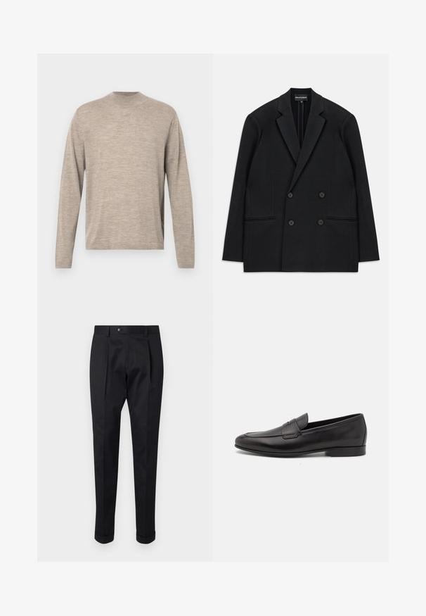 Črni dvoredni suknjič z odrezanimi klapnicami, štirimi gumbi in dvema sprednjima žepoma, razporejen na beli podlagi.; Svetle bež dolg rokav pulover s krožnim izrezom, izdelan iz mehkega materiala, s sproščenim krojem in subtilno teksturo. Brez vzorcev ali dodatkov.; Črne hlače iz gladkega materiala, z zavihkom spredaj, gumbom za zapiranje in zvitim robom ob gležnjih.; Moški črni usnjeni loafer s nizkim peto in klasičnim penny trakom, prikazan v bočnem profilu na belem ozadju.