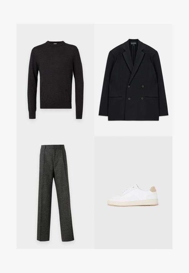 Blazer preto de corte duplo com lapelas de pico, quatro botões e dois bolsos frontais, colocado em plano sobre um fundo branco.; Suéter preto de manga longa com decote redondo, feito de material suave, com um logótipo subtil de lado e uma silhueta ajustada.; Calças cinzentas ajustadas, feitas de um tecido texturizado, com duas pregas frontais e um design de perna reta. Sem bolsos visíveis ou enfeites.; Sapatilhas brancas de cano baixo com parte superior em couro texturizado, sola cream estriada e detalhe em tan no calcanhar. Apresenta atacadores brancos e detalhe do logótipo no calcanhar.