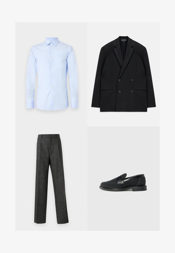 Blazer nero doppiopetto con rever a punta, quattro bottoni e due tasche a filetto frontali, steso su uno sfondo bianco.; Camicia azzurra a maniche lunghe con colletto a punta, chiusura frontale con bottoni e maniche con polsini. Tessuto di cotone liscio con una leggera lucentezza.; Pantaloni grigi su misura realizzati in tessuto strutturato, con due pieghe frontali e un design a gamba dritta. Nessuna tasca o decorazione visibile.; Scarpa nera a mocassino intrecciata con un accentuato in pelle liscia sulla parte superiore, design a punta rotonda e suola in gomma a profilo basso.