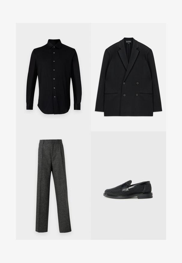 Blazer nero doppiopetto con rever a punta, quattro bottoni e due tasche a filetto frontali, steso su uno sfondo bianco.; Camicia nera a maniche lunghe con colletto a punta e polsini con bottone su sfondo bianco uniforme.; Pantaloni grigi su misura realizzati in tessuto strutturato, con due pieghe frontali e un design a gamba dritta. Nessuna tasca o decorazione visibile.; Scarpa nera a mocassino intrecciata con un accentuato in pelle liscia sulla parte superiore, design a punta rotonda e suola in gomma a profilo basso.