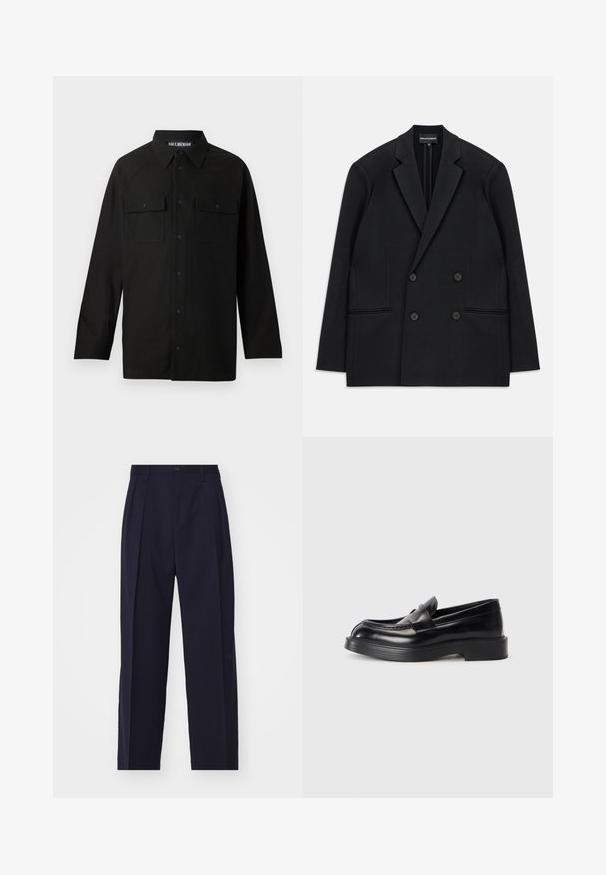 Mustrist kellega kahe nööbiga bleiser, millel on (š)lõhikogupist. Empooris on neli nööpi ja kaks eesmine ideide tasku, asetatud valge tausta peale.; Mustamüts, millel on krae, pikad varrukad, kaks rinna taskut klappidega ja sirge alläär. Valmistatud siledast kangast.; Tumed sinine, kohandatud püksid sirge lõikega, voldid ees, nupuga sulgemine ja nähtamatud taskud. Sile kangas.; Mustad nahast slip-on kingad ümmarguse ninaga, pealmisel osal on õmmeldud vormimine ja paks kummitald. Sile tekstuur, minimaalsed aktsendid.