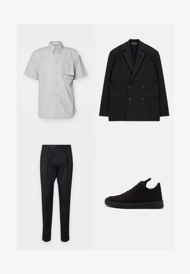 Schwarzer, doppelt geknöpfter Blazer mit geflammten Revers, vier Knöpfen und zwei vorderen Paspeltaschen, flach auf einem weißen Hintergrund ausgelegt.; Kurzarmpoloshirt in hellgrau, mit Knopfverschluss und einer Tasche; aus einem strukturierten Stoff gefertigt; mit klassischem Kragen und Standardknöpfen.; Schwarze Hosen aus einem glatten Stoff, mit einem Faltenwurf vorne, einem Knopfverschluss und umgeschlagenen Säumen am Knöchel.; Schwarze Wildledersneaker mit runder Kappe, Schnürverschluss, gepolstertem Schaft und strukturiertem Gummisohle für guten Halt. Minimalistisches Design und glatte Oberfläche.