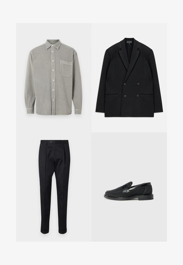 Blazer nero doppiopetto con rever a punta, quattro bottoni e due tasche a filetto frontali, steso su uno sfondo bianco.; Camicia a maniche lunghe in cotone grigio, con chiusura a bottoni frontale, colletto a punta e una tasca sul petto. Tessuto morbido con vestibilità rilassata.; Pantaloni neri realizzati in un tessuto liscio, con una piega sul davanti, chiusura con bottone e risvolti alla caviglia.; Scarpa nera a mocassino intrecciata con un accentuato in pelle liscia sulla parte superiore, design a punta rotonda e suola in gomma a profilo basso.
