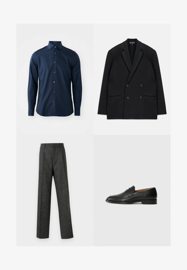 Blazer nero doppiopetto con rever a punta, quattro bottoni e due tasche a filetto frontali, steso su uno sfondo bianco.; Camicia da uomo a maniche lunghe di colore blu navy con bottone frontale e colletto a punta su uno sfondo bianco uniforma.; Pantaloni grigi su misura realizzati in tessuto strutturato, con due pieghe frontali e un design a gamba dritta. Nessuna tasca o decorazione visibile.; Mocassino in pelle nera con punta arrotondata, dettagli cuciti sottili e tacco basso, caratterizzato da una texture liscia e un design minimalista.