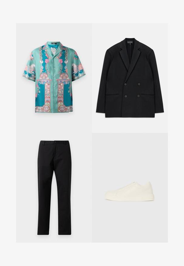Μαύρο διπλό σακάκι με κανονικούς γώνους, τέσσερις κουμπιά και δύο μπροστινές τσέπες welt, τοποθετημένο επίπεδα σε λευκό φόντο.; Τυρκουάζ κοντομάνικη μπλούζα με περίπλοκα πολύχρωμα θαλάσσια σχέδια, σατινέ υφή και σχέδιο με κουμπιά μπροστά.; Μαύρο παντελόνι ίσιας γραμμής με κλείσιμο από κουμπί και φερμουάρ, θηλιές ζώνης και εμπρός τσέπες, σε λευκό φόντο.; Χαμηλά μπεζ δερμάτινα αθλητικά παπούτσια με στρογγυλή μύτη, ελάχιστο ραψίμα και κλείσιμο με φερμουάρ στο πλάι σε λευκό φόντο.