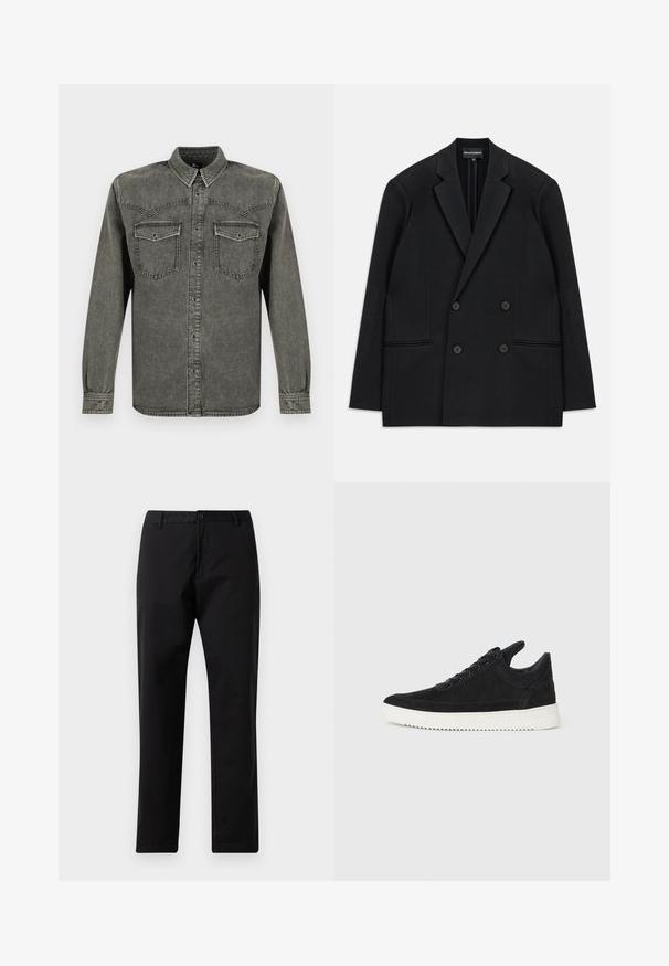 Zwarte dubbelzijdige blazer met reverskraag, vier knopen en twee voorzakken, vlak op een witte achtergrond gelegd.; Zwart gewassen denim overhemd met lange mouwen, knoopsluiting aan de voorkant en klepzakken op de borst, getoond tegen een witte achtergrond.; Zwarte rechte broek met knoop- en ritssluiting, riemlussen en steekzakken, weergegeven op een witte achtergrond.; Zwarte suède sneakers met een witte rubberen zool, voorzien van tonale stiksels en een vetersluiting. Glad oppervlak met een moderne, gestroomlijnde vorm.