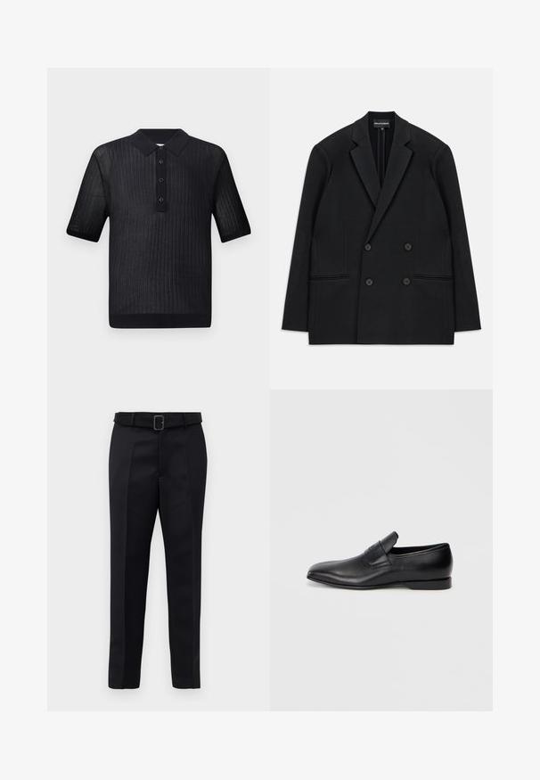 Mustrist kellega kahe nööbiga bleiser, millel on (š)lõhikogupist. Empooris on neli nööpi ja kaks eesmine ideide tasku, asetatud valge tausta peale.; Mustaga polo särk lühikeste varrukatega, soonilise tekstuuriga ja ühevärvilise musta kraega. Ees on kolm nööpi ja reguleeritud alläär.; Mustad mustad püksid on valmistatud siledast kangast, sirgelt lõigatud ja beldiga vöökoht, millel on ristkülikukujuline pandla. Märkimisväärsed esisellukid täiustavad disaini.; Must musta libisemisega king, millel on terav varvas, sile tekstuur ja tagasihoidlik bränding küljel. Madal konts puhta ja minimalistliku disainiga.