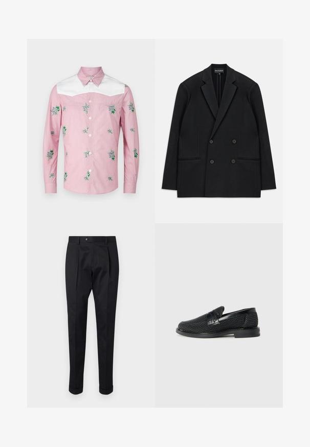 Blazer nero doppiopetto con rever a punta, quattro bottoni e due tasche a filetto frontali, steso su uno sfondo bianco.; Camicia a maniche lunghe rosa e bianca. Presenta ricami floreali e un colletto bianco. Realizzata in un tessuto leggero con chiusura a bottoni.; Pantaloni neri realizzati in un tessuto liscio, con una piega sul davanti, chiusura con bottone e risvolti alla caviglia.; Scarpa nera a mocassino intrecciata con un accentuato in pelle liscia sulla parte superiore, design a punta rotonda e suola in gomma a profilo basso.
