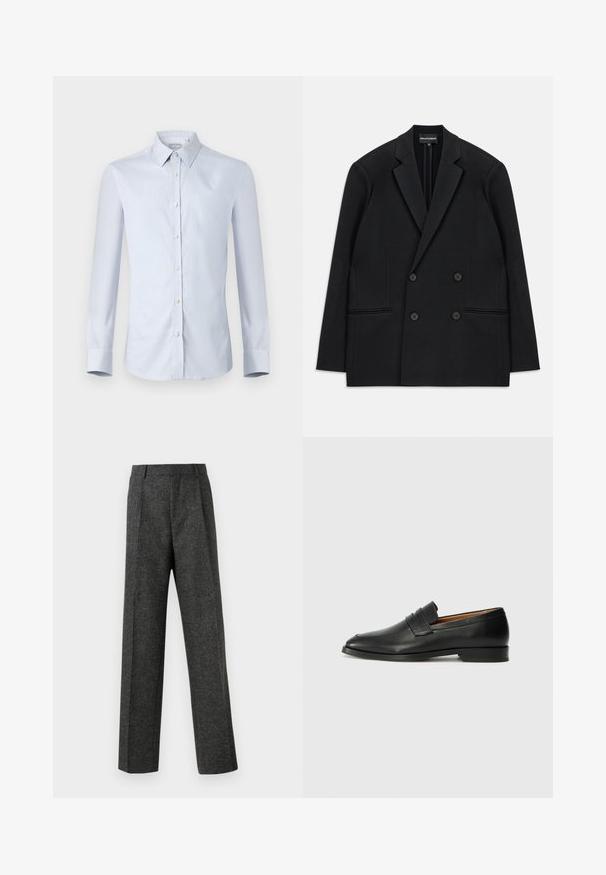 Czarny dwurzędowy żakiet z wyłogami, czterema guzikami i dwiema przednimi kieszeniami, położony na białym tle.; Jasnoniebieska koszula z długim rękawem i usztywnionym kołnierzykiem, z subtelnym wzorem siatki oraz białymi guzikami z przodu.; Szare spodnie o dopasowanym kroju wykonane z teksturowanej tkaniny, z dwoma fałdami z przodu i prostymi nogawkami. Brak widocznych kieszeni i zdobień.; Czarne skórzane mokasyny z zaokrąglonym noskiem, subtelnymi przeszyciami i niskim obcasem, charakteryzujące się gładką teksturą i minimalistycznym designem.