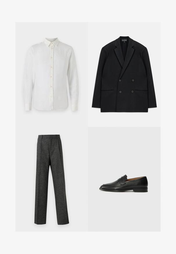 Czarny dwurzędowy żakiet z wyłogami, czterema guzikami i dwiema przednimi kieszeniami, położony na białym tle.; Biała, długosleeve koszula z guzikami wykonana z lnu. Posiada klasyczny kołnierzyk, zapięcie na guziki z przodu oraz mankiety z zapięciem. Gładka, lekka struktura.; Szare spodnie o dopasowanym kroju wykonane z teksturowanej tkaniny, z dwoma fałdami z przodu i prostymi nogawkami. Brak widocznych kieszeni i zdobień.; Czarne skórzane mokasyny z zaokrąglonym noskiem, subtelnymi przeszyciami i niskim obcasem, charakteryzujące się gładką teksturą i minimalistycznym designem.