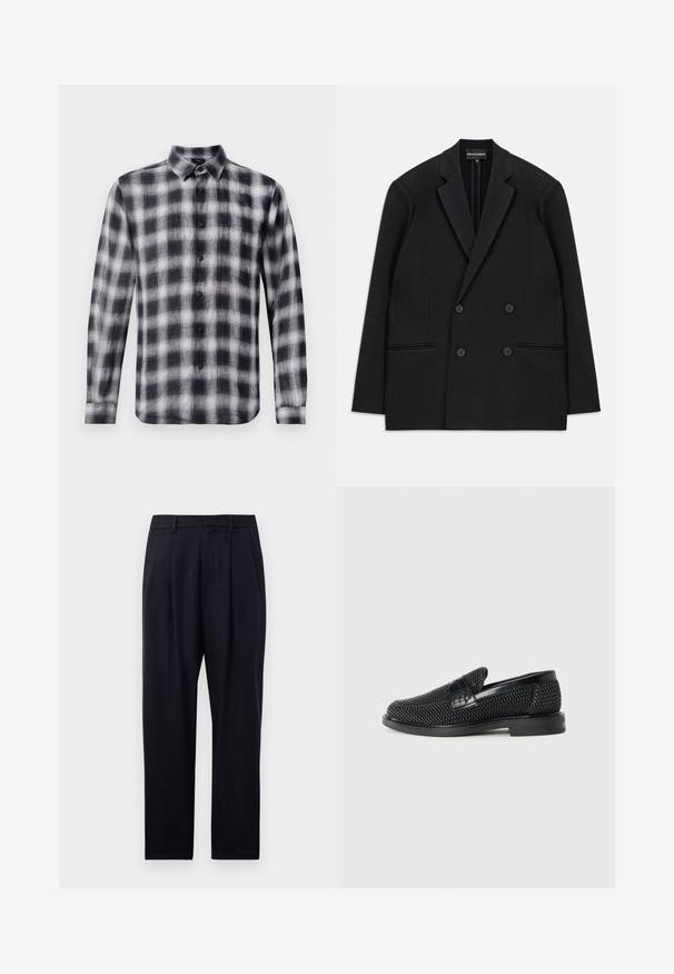 Svart dubbelknäppt Blazer med slagkrage, fyra knappar och två framfickor, utlagd platt på en vit bakgrund.; Rutigt skjorta i svart och vitt, långärmad, med krage, tillverkad av lättviktig tyg med en mjuk textur, prydd med svarta knappar.; Marinblå byxor i rak modell, med en strukturerad tyg, två framveck, bälteshällor och dragkedjestängning.; Svart vävd slip-on sko med en slät läderdetalj på ovansidan, med rund tådesign och en låg gummisula.