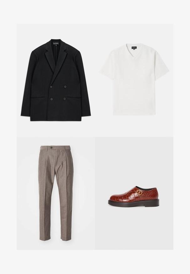 Sacou negru cu două rânduri de nasturi, cu reveri înclinate, patru nasturi și două buzunare externe, așezat pe un fundal alb.; Tricou alb cu mânecă scurtă și decolteu în V, realizat dintr-un material texturat cu un model subtil. Prezintă un logo mic pe piept.; Paul Smith TROUSER - Pantaloni - brown; Pantofi din piele maro cu textură de crocodil, având o cataramă aurie pătrată, un vârf rotund neted și o talpă groasă neagră.