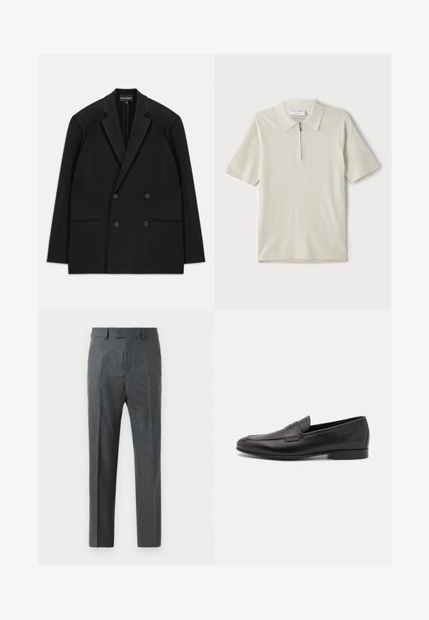 Blazer preto de corte duplo com lapelas de pico, quatro botões e dois bolsos frontais, colocado em plano sobre um fundo branco.; Polo de manga curta em bege claro com colarinho com fecho. Feito de um tecido suave, apresenta um design simples e moderno, sem padrões.; Calças cinza ajustadas com um padrão xadrez fino, design de perna reta e uma textura de tecido suave. Apresentam passantes para cinto e fecho com zip.; Sapatilha masculina em couro preto, com salto baixo e um design clássico com tira de moeda, apresentada em perfil lateral sobre um fundo branco.