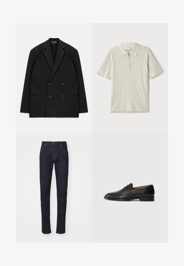 Črni dvoredni suknjič z odrezanimi klapnicami, štirimi gumbi in dvema sprednjima žepoma, razporejen na beli podlagi.; Polo majica s kratkimi rokavi v svetlo bež barvi z zadrgo pri ovratniku. Narejena iz gladkega materiala, ima preprost, sodoben dizajn brez vzorcev.; Temno modri traperji z ozkim krojem, pet žepi in zapiranjem na gumb. Imajo kontrastno šivanje in ravno obliko nogavic.; Črne usnjene loferice z zaobljenim prstom, subtilnim šivanjem in nizkim petam, ki se odlikujejo po gladki teksturi in minimalističnem oblikovanju.