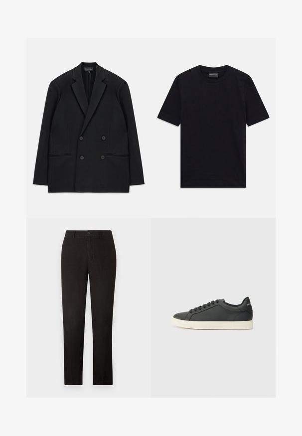 Black double-breasted blazer with notch lapels, four buttons, and two front welt pockets, laid flat on a white background.; Black short-sleeve crew neck T-shirt with subtle embossed pattern and brand label inside collar, laid flat on white background.; 120% Lino MEN PANT - Trousers - black; Black leather sneaker with a low profile, rounded toe, and lace-up closure; features a textured rubber sole and logo detail on the heel.