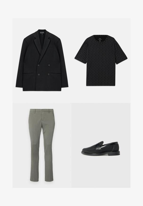 Blazer noir à double boutonnage avec revers à cran, quatre boutons et deux poches plaquées à l'avant, posé à plat sur un fond blanc.; T-shirt noir avec un motif texturé de logos 'A' alternés, manches courtes et col rond. Fabriqué en tissu léger.; Chinos gris avec une coupe droite, dotés de deux poches latérales et d'une taille épurée. Fabriqués à partir d'un tissu lisse et léger.; Chaussure slip-on tissée noire avec un accent en cuir lisse sur le dessus, un design à bout rond et une semelle en caoutchouc à profil bas.