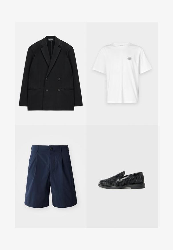 Black double-breasted blazer with notch lapels, four buttons, and two front welt pockets, laid flat on a white background.; White t-shirt made of cotton featuring short sleeves, a crew neck, and a small gray logo on the left chest area. Smooth texture.; Navy blue shorts made of lightweight fabric, featuring a button closure, side pockets, and a simple design with pleats at the front.; Black woven slip-on shoe with a smooth leather accent on the upper, a round toe design, and a low-profile rubber sole.