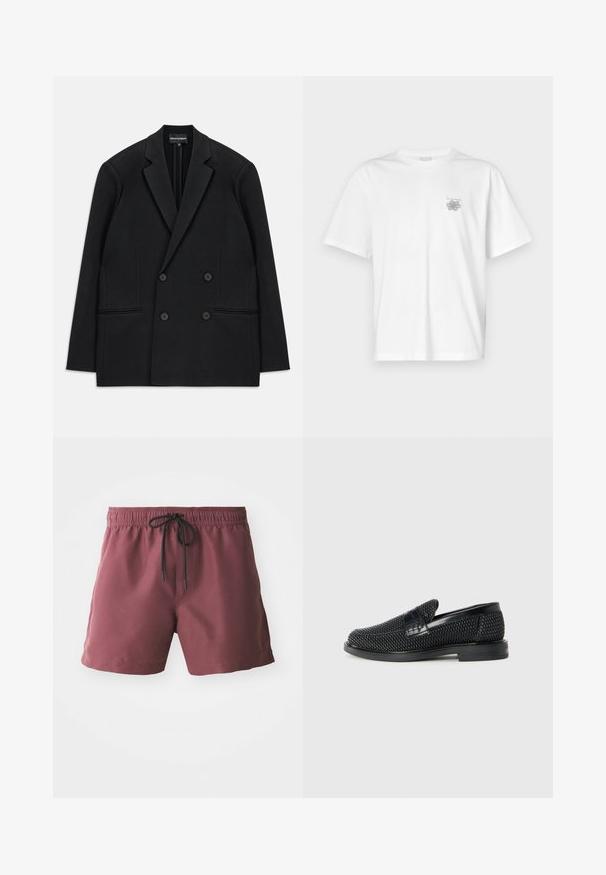Black double-breasted blazer with notch lapels, four buttons, and two front welt pockets, laid flat on a white background.; White t-shirt made of cotton featuring short sleeves, a crew neck, and a small gray logo on the left chest area. Smooth texture.; Burgundy swim shorts with an elastic waistband and black drawstring. Features side pockets and a smooth, lightweight fabric.; Black woven slip-on shoe with a smooth leather accent on the upper, a round toe design, and a low-profile rubber sole.