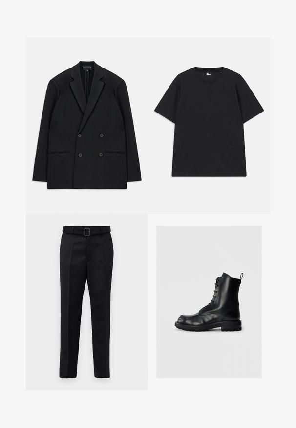 Svart dubbelknäppt Blazer med slagkrage, fyra knappar och två framfickor, utlagd platt på en vit bakgrund.; Svart kortärmad t-shirt i bomull, med rund halsringning och en liten logodetalj nära fållen. Slät textur, normal passform.; Svarta skräddarsydda byxor har en slät väv, rak passform och en bälte med en rektangulär spänne. Framstående veck framhäver designen.; Svart läder snörkänga med tjock sula och dragflik på en enfärgad ljus bakgrund, sidovy som visar vänster känga.