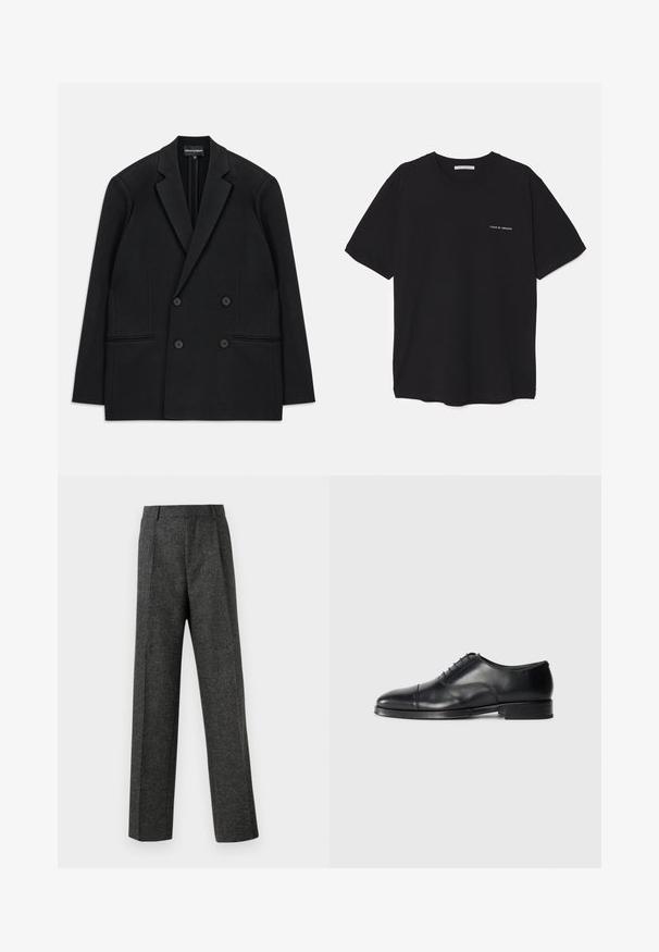 Crni dvoredni sako s reverima, četiri gumba i dvije prednje džepne čiste, položen ravno na bijeloj pozadini.; Crna pamučna majica s okruglim izrezom, kratkim rukavima i bijelim logotipom otisnutim na lijevoj strani prsnog koša. Jednostavan dizajn u jednoj boji.; Sive prilagođene hlače od teksturiranog materijala, s dva prednja nabora i ravnim krojem. Nema vidljivih džepova ili ukrasa.; Crne kožne cipele s zaobljenim nožnim prstom, glatke teksture, s vezanjem i suptilnim detaljima šava, te niskim, ravnim potplatom.