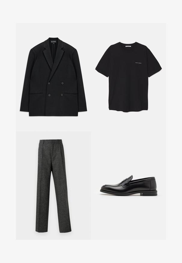 Black double-breasted blazer with notch lapels, four buttons, and two front welt pockets, laid flat on a white background.; Black cotton T-shirt with a crew neck, short sleeves, and a white logo print on the left chest. Simple, solid color design.; Gray tailored trousers made of textured fabric, featuring two front pleats and a straight-leg design. No visible pockets or embellishments.; Black leather loafers with a smooth texture, rounded toe, and a decorative strap across the vamp. Low stacked heel, minimalist design.