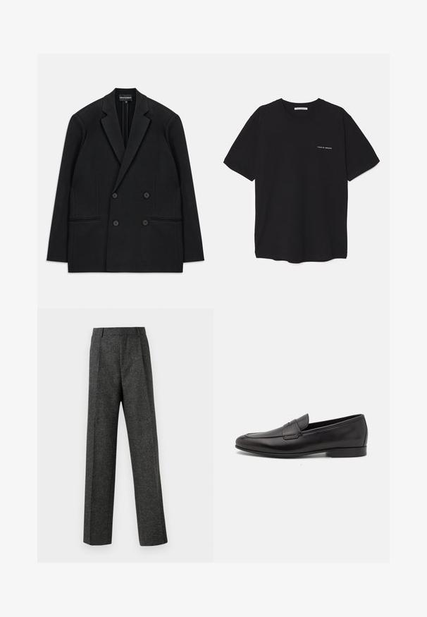 Sort dobbeltradet blazer med klapkraver, fire knapper og to forreste paspolerede lommer, lagt fladt på en hvid baggrund.; Sort bomulds T-shirt med rund hals, korte ærmer og en hvid logo print på venstre bryst. Simpelt, ensfarvet design.; Grå skræddersyede bukser lavet af tekstureret stof, med to frontplicer og lige ben-design. Ingen synlige lommer eller udsmykninger.; Sort læder herre loafers med lav hæl og et klassisk penny strap design, vist i sideprofil på en hvid baggrund.