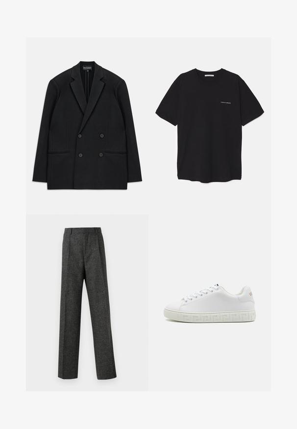 Black double-breasted blazer with notch lapels, four buttons, and two front welt pockets, laid flat on a white background.; Black cotton T-shirt with a crew neck, short sleeves, and a white logo print on the left chest. Simple, solid color design.; Gray tailored trousers made of textured fabric, featuring two front pleats and a straight-leg design. No visible pockets or embellishments.; White sneaker with a smooth leather upper, flat laces, and patterned rubber sole featuring a geometric design. Subtle logo accent on the side.