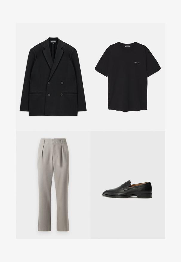 Svart dubbelknäppt Blazer med slagkrage, fyra knappar och två framfickor, utlagd platt på en vit bakgrund.; Svart bomull T-shirt med rund hals, korta ärmar och vit logotryck på vänster bröst. Enkel, enfärgad design.; Grå skräddarsydda byxor med en slät textur, med framfållar, bältesöglor och raka ben. Materialet verkar vara strukturerat och lättviktigt.; Svart läderloafersko med rund tå, subtila sömnadsdetaljer och låg klack, med en jämn yta och minimalistisk design.