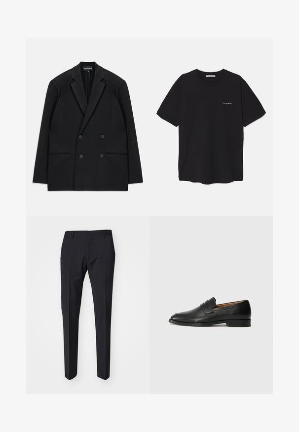 Crni dvoredni sako s reverima, četiri gumba i dvije prednje džepne čiste, položen ravno na bijeloj pozadini.; Crna pamučna majica s okruglim izrezom, kratkim rukavima i bijelim logotipom otisnutim na lijevoj strani prsnog koša. Jednostavan dizajn u jednoj boji.; Tamno plave hlače uskog kroja. Napravljene od glatkog, teksturiranog materijala, s ravnim prednjim dijelom, petljama za remen i bočnim džepovima.; Crni kožni loafer s okruglim vrhom, suptilnim šavovima i niskim petama, s glatkom teksturom i minimalističkim dizajnom.
