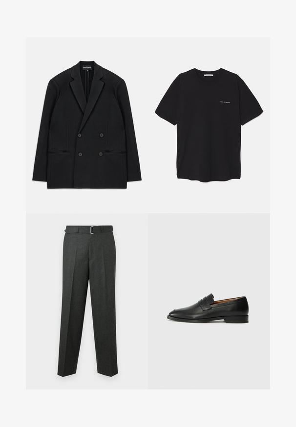 Sacou negru cu două rânduri de nasturi, cu reveri înclinate, patru nasturi și două buzunare externe, așezat pe un fundal alb.; Tricou din bumbac negru, cu guler rotund, mâneci scurte și un imprimeu alb cu logo pe partea stângă a pieptului. Design simplu, de culoare uniformă.; Pantaloni tailored de culoare gri închis, cu față plată, design plisat și o curea ajustată cu cataramă argintie. Textură netedă și picioare drepte.; Lofer din piele neagră, cu vârf rotund, detalii cusute subtile și toc jos, având o textură netedă și un design minimalist.