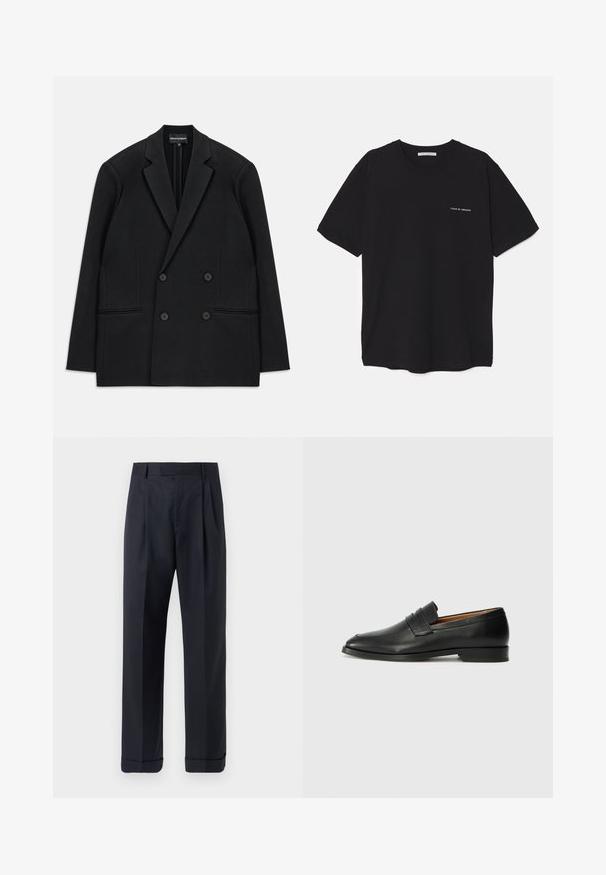 Črni dvoredni suknjič z odrezanimi klapnicami, štirimi gumbi in dvema sprednjima žepoma, razporejen na beli podlagi.; Črna bombažna majica s kratkimi rokavi in okroglim ovratnikom, z belim logotipom natisnjenim na levi prsni strani. Preprost, enobarven dizajn.; Tiger of Sweden TREYTON - Hlače - dark ink; Črne usnjene loferice z zaobljenim prstom, subtilnim šivanjem in nizkim petam, ki se odlikujejo po gladki teksturi in minimalističnem oblikovanju.