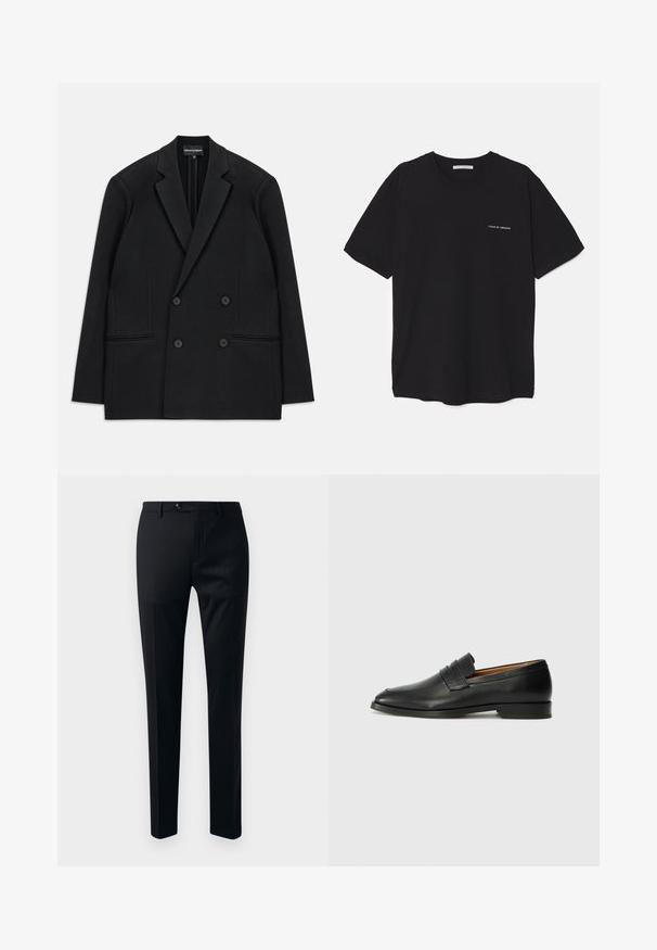 Crni dvoredni sako s reverima, četiri gumba i dvije prednje džepne čiste, položen ravno na bijeloj pozadini.; Crna pamučna majica s okruglim izrezom, kratkim rukavima i bijelim logotipom otisnutim na lijevoj strani prsnog koša. Jednostavan dizajn u jednoj boji.; Crne hlače od odijela s glatkim materijalom, tapered krojem nogavica, jednim dugmetom za zatvaranje i bočnim džepovima za praktičnost.; Crni kožni loafer s okruglim vrhom, suptilnim šavovima i niskim petama, s glatkom teksturom i minimalističkim dizajnom.