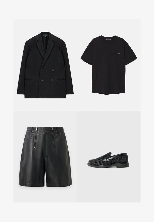 Black double-breasted blazer with notch lapels, four buttons, and two front welt pockets, laid flat on a white background.; Black cotton T-shirt with a crew neck, short sleeves, and a white logo print on the left chest. Simple, solid color design.; Black faux leather shorts with two front vertical zipper pockets and belt loops, displayed against a white background.; Black woven slip-on shoe with a smooth leather accent on the upper, a round toe design, and a low-profile rubber sole.