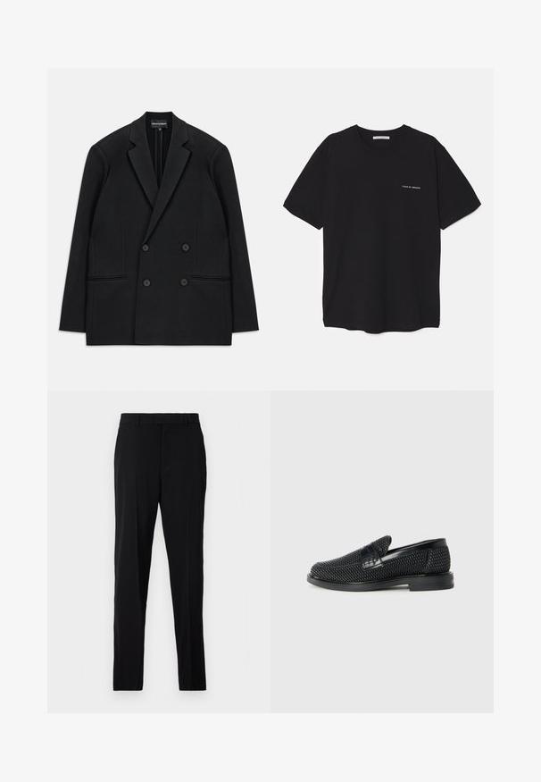 Zwarte dubbelzijdige blazer met reverskraag, vier knopen en twee voorzakken, vlak op een witte achtergrond gelegd.; Zwarte katoenen T-shirt met een ronde hals, korte mouwen en een witte logo-print op de linkerkant van de borst. Eenvoudig, effen kleur ontwerp.; Zwarte broek van gladde stof, met een rechte snit, riemlussen, een ritssluiting en zijzakken voor functionaliteit.; Zwartegeweven instap schoenen met een glad leren accent aan de bovenkant, een ronde neusontwerp en een laag profiel rubberen zool.