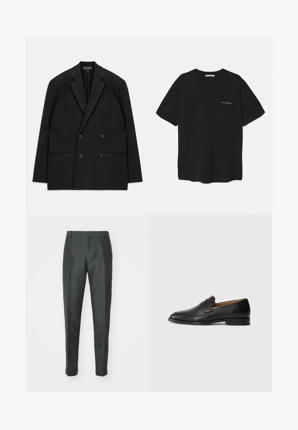 Schwarzer, doppelt geknöpfter Blazer mit geflammten Revers, vier Knöpfen und zwei vorderen Paspeltaschen, flach auf einem weißen Hintergrund ausgelegt.; Schwarzes Baumwoll-T-Shirt mit Rundhalsausschnitt, kurzen Ärmeln und weißem Logodruck auf der linken Brust. Einfaches, einfarbiges Design.; Paul Smith TROUSER - Stoffhose - dark green; Schwarze Leder-Slipper mit runder Zehenform, dezenten gestickten Details und niedrigem Absatz, ausgestattet mit glatter Textur und minimalistischem Design.