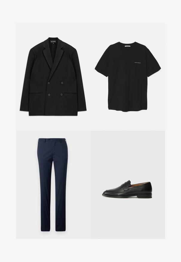 Černé dvouřadové sako s klopami, čtyřmi knoflíky a dvěma předními kapsami s lemem, položené na bílém pozadí.; Černé bavlněné tričko s kulatým výstřihem, krátkými rukávy a bílým logem potisknutým na levé straně hrudi. Jednoduchý, jednobarevný design.; Námořnické kalhoty v rovné střih, s hladkou texturou, s jedním knoflíkem na zapínání a poutky na opasek pro dokonale padnoucí střih.; Černé kožené mokasíny s kulatou špičkou, jemným prošíváním a nízkým podpatkem, s hladkým povrchem a minimalistickým designem.