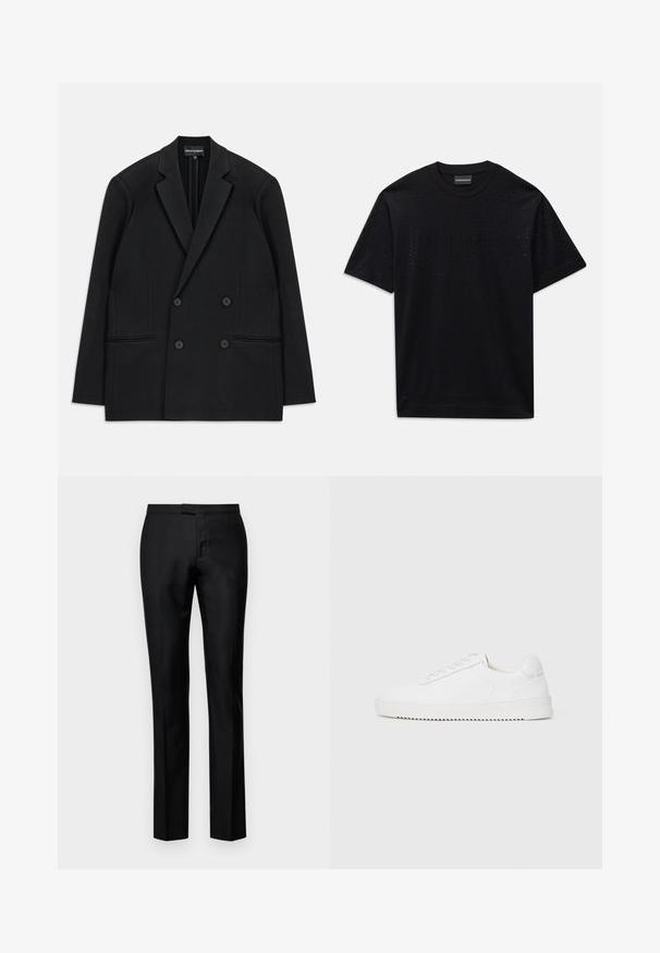 Black double-breasted blazer with notch lapels, four buttons, and two front welt pockets, laid flat on a white background.; Black short-sleeve t-shirt with subtle perforated pattern and faint embossed logo across the chest, round neckline.; Black tailored trousers with a smooth texture, straight leg design, a zip fly, and standard waist, featuring subtle front pockets.; White sneaker with a smooth leather upper, rounded toe, laces, textured side accents, and a thick rubber sole. Minimalist design.