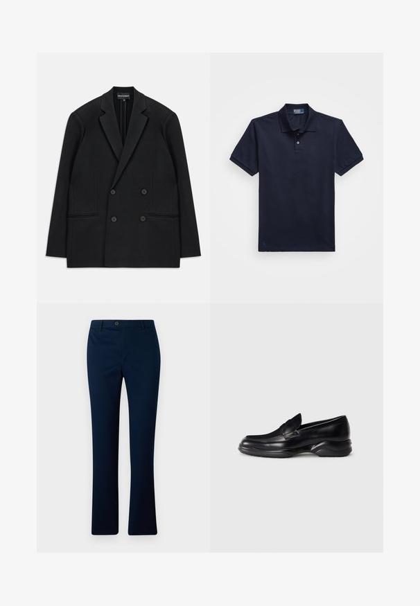 Juodas dvigubas švarkas su išpjautomis apykaklėmis, keturiais mygtukais ir dviem priekinių kišenių iškarpomis, padėtas ant balto fono.; Tamsiai mėlynas polo marškinėliai, pagaminti iš tekstūrinio audinio, su dviem sagų uždarymu ir mažu siuvinėtu logotipu apačioje. Trumpomis rankovėmis.; Tamsiai mėlyni tiesaus kirpimo kelnes, su vienu priekinio užsegimo mygtuku ir diržo kilpomis, pagamintos iš lygaus audinio.; Juodi odiniai loaf'eriai su žemu, tekstūruotu guminiu padu ir siuvinėtu dizainu viršuje. Ypatumai: apvalus pirštas ir minimalus papuošimas.