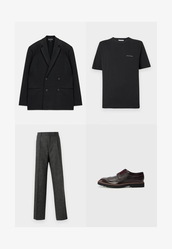 Zwarte dubbelzijdige blazer met reverskraag, vier knopen en twee voorzakken, vlak op een witte achtergrond gelegd.; Zwarte katoenen T-shirt met een ronde hals, korte mouwen en een klein wit "TIGER OF SWEDEN" logo op de borst. Klassieke pasvorm.; Grijze op maat gemaakte broek van gestructureerde stof, met twee voorplooien en een rechte pijp. Geen zichtbare zakken of versieringen.; Bruine leren brogues met geperforeerde details, een ronde neus, textielaccenten en een zwarte rubberen loopzool met een gekleurde rand.