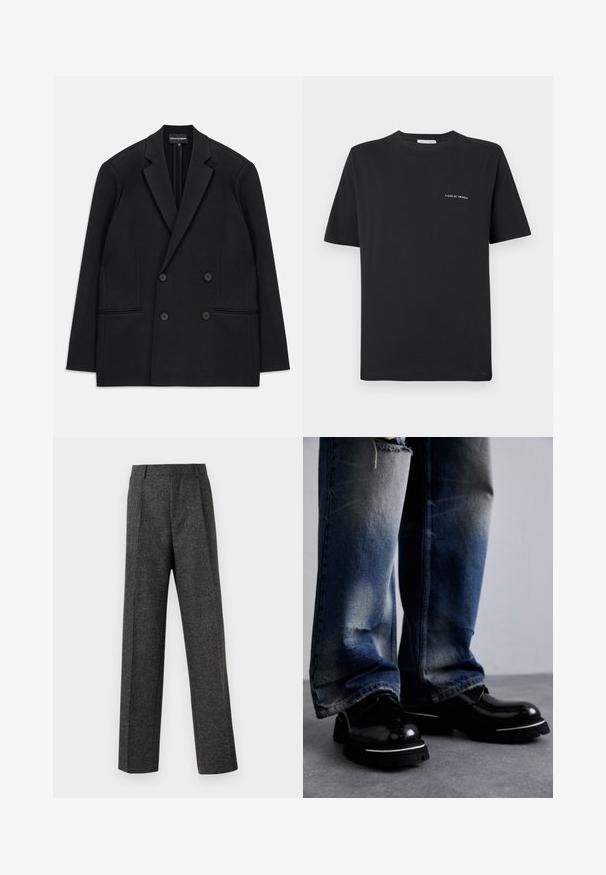 Blazer noir à double boutonnage avec revers à cran, quatre boutons et deux poches plaquées à l'avant, posé à plat sur un fond blanc.; T-shirt en coton noir avec un col rond, des manches courtes et un petit logo blanc "TIGER OF SWEDEN" sur la poitrine. Coupe classique.; Pantalon gris ajusté en tissu texturé, doté de deux plis sur le devant et d'une coupe droite. Pas de poches visibles ni de décorations.; Chaussures en cuir noir avec une finition brillante, présentant une semelle épaisse et une rayure blanche. Portées avec un pantalon en denim bleu déchiré montrant un léger décoloration.