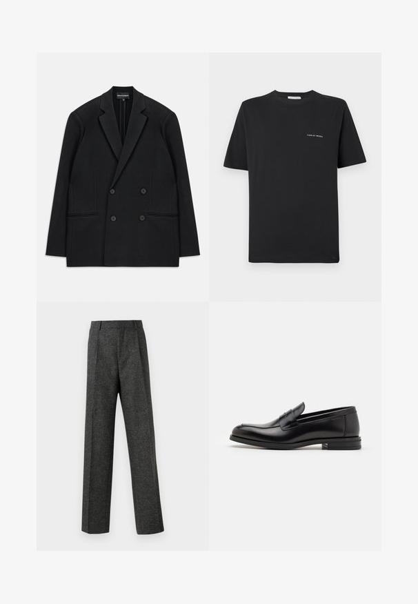Black double-breasted blazer with notch lapels, four buttons, and two front welt pockets, laid flat on a white background.; Black cotton T-shirt with a crew neckline, short sleeves, and a small white "TIGER OF SWEDEN" logo on the chest. Classic fit.; Gray tailored trousers made of textured fabric, featuring two front pleats and a straight-leg design. No visible pockets or embellishments.; Black leather loafers with a smooth texture, rounded toe, and a decorative strap across the vamp. Low stacked heel, minimalist design.