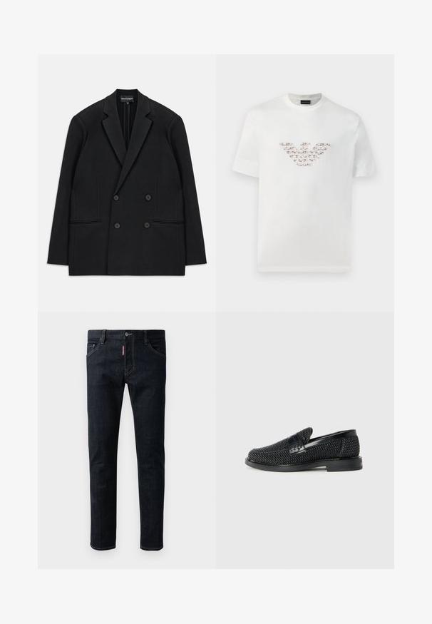 Čierny dvojradový blazer s klopovými reverzami, štyrmi gombíkmi a dvoma prednými vreckami, ležiaci na bielom pozadí.; Biely bavlnený tričko s krátkymi rukávmi a okrúhlym výstrihom. Obsahuje centrálne logo v ružových a hnedých odtieňoch.; Tmavomodré džíny s úzkym strihom, s gombíkovým zapínaním, piatimi vreckami a kontrastným žltým prešívaním na švoch.; Čierne tkané slip-on topánky s hladkým koženým akcentom na vrchnej časti, s okrúlym dizajnom špičky a nízkoprofilovou gumovou podrážkou.