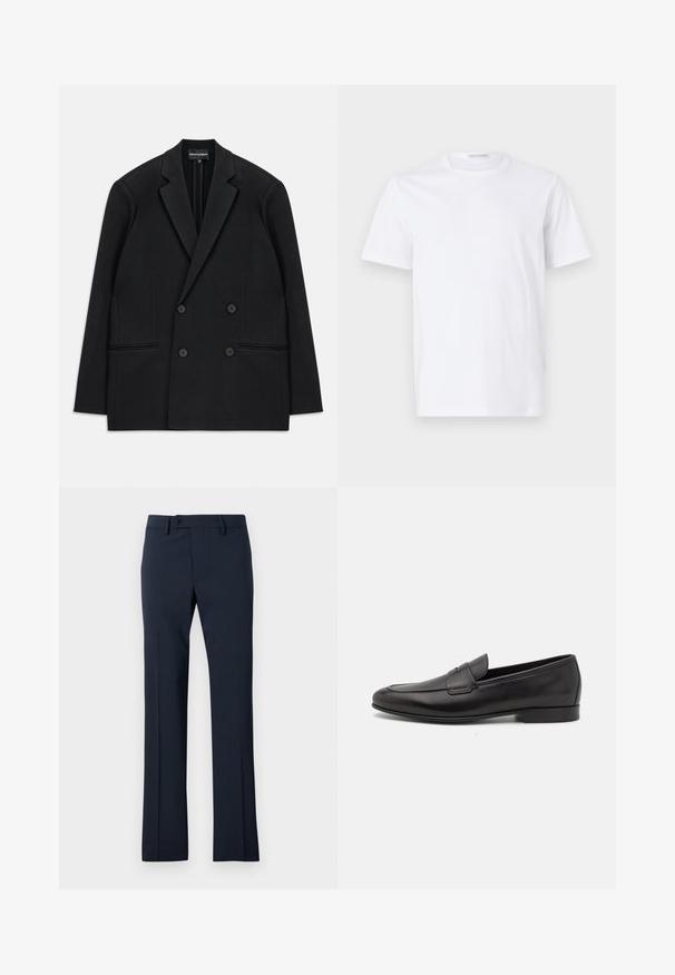 Blazer preto de corte duplo com lapelas de pico, quatro botões e dois bolsos frontais, colocado em plano sobre um fundo branco.; T-shirt de algodão branco com decote redondo e mangas curtas. Textura suave, corte reto e design minimalista, sem padrões ou detalhes.; Calças de fato azul-marinho feitas de tecido suave, com um design de perna reta, fecho com botão e detalhe de pregas frontais.; Sapatilha masculina em couro preto, com salto baixo e um design clássico com tira de moeda, apresentada em perfil lateral sobre um fundo branco.