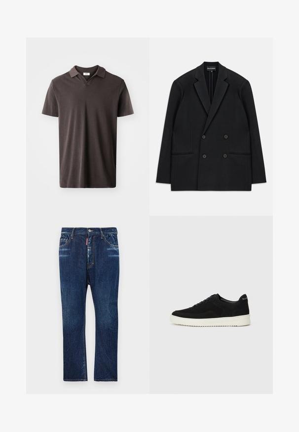 Črni dvoredni suknjič z odrezanimi klapnicami, štirimi gumbi in dvema sprednjima žepoma, razporejen na beli podlagi.; Temno rjav kratkosleber polo majica z klasičnim ovratnikom in diskretno teksturirano tkanino, z ravnim robom in minimalističnim dizajnom.; Temno modri jeans z ravnim krojem, s svetlo bledenjem, rumenim šivanjem, sprednjimi žepi in gumbom za zapiranje.; Črni semiš teniški copati z vezalkami in kontrastnim belim gumijastim podplatom. Imajo teksturirane stranske panele in subtilno oznako na peti.