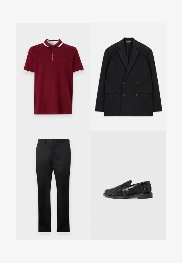 Musta kaksirivinen bleiseri, jossa on sakarat, neljä nappia ja kaksi etutaskua, aseteltuna tasaiseksi valkoiselle taustalle.; Burgundin pitkähihaista T-paitaa puuvillasta, jossa on valkoiset raidat kauluksessa, kolme nappia edessä, lyhyet hihansuut ja pieni logo rinnassa.; Mustat puuvillahousut suoran lahkeen muotoilulla, jossa on etunapit, sivutaskut, sileä pinta ja ei näkyviä kuvioita.; Musta kudottu liukupohjallinen kenka, jossa on sileä nahkakorostus päällisessä, pyöreä kärki ja matala kumipohja.