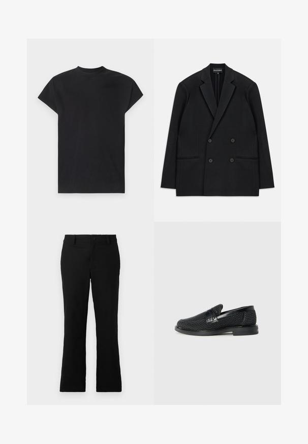 Svart dubbelknäppt Blazer med slagkrage, fyra knappar och två framfickor, utlagd platt på en vit bakgrund.; Won Hundred CREED - Linne - black; Svarta utsvängda byxor i bomullsblandning, med knappstängning, bälteshällor och en mjuk textur utan synliga mönster.; Svart vävd slip-on sko med en slät läderdetalj på ovansidan, med rund tådesign och en låg gummisula.