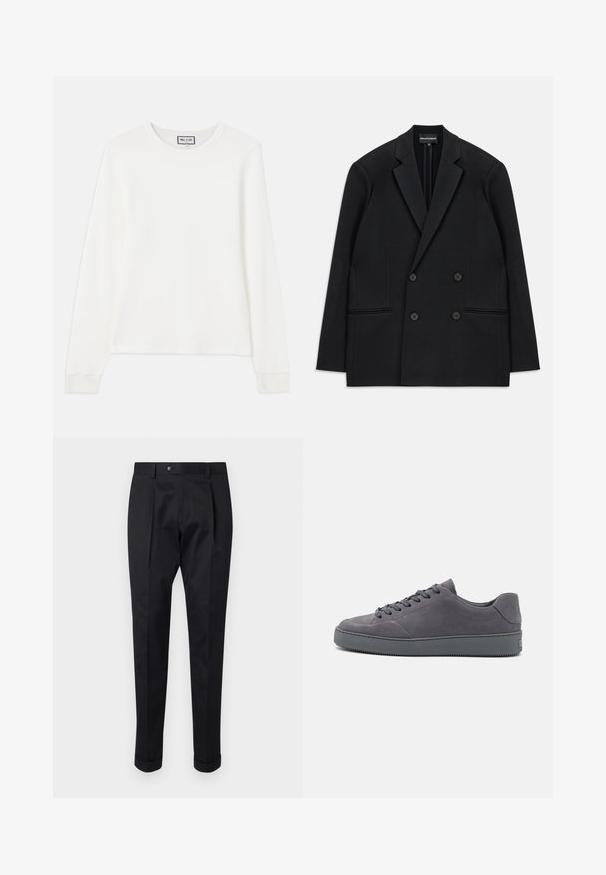 Blazer negro de doble botonadura con solapas de muesca, cuatro botones y dos bolsillos de ojal delanteros, dispuesto en plano sobre un fondo blanco.; Top largo de manga blanca de punto acanalado con cuello redondo y puños ajustados. Presenta una etiqueta que dice "PAUL & JOE" en el cuello.; Pantalones negros de tejido suave, con un pliegue en la parte delantera, cierre de botón y puños enrollados en el tobillo.; Zapatillas de ante gris con un diseño de corte bajo, punta redonda, cordones en la parte delantera y suela de goma texturizada. Estilo minimalista con un sutil logo en el talón.