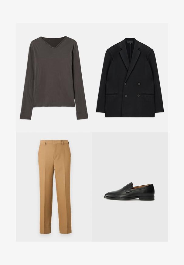Fekete, kétsoros blézer, ovális hajtókákkal, négy gombbal és két elülső zsebel, fehér háttéren fekve.; Hosszú ujjú felső sötétszürke színben, V-kivágással és négy gombos légzőnyílással. Puha anyagból készült, laza szabású, varrott mandzsettákkal.; Vékony, szőtt anyagból készült bézs szövetnadrág, amely egyenes szabású, sima elülső résszel és övpántokkal rendelkezik. Sima textúrával rendelkezik, látható minták nélkül.; Fekete bőr mokaszin, kerek orral, diszkrét varrásokkal és alacsony sarokkal, sima felülettel és minimalista dizájnnal.